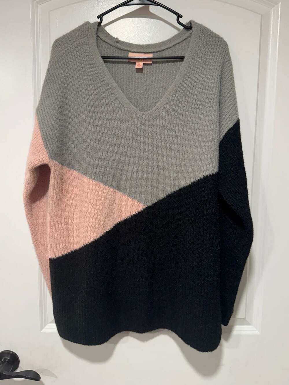 Cozy Colorblock Fuzzy Knit V Neck Sweater Soft Plush Fall Winter 1X